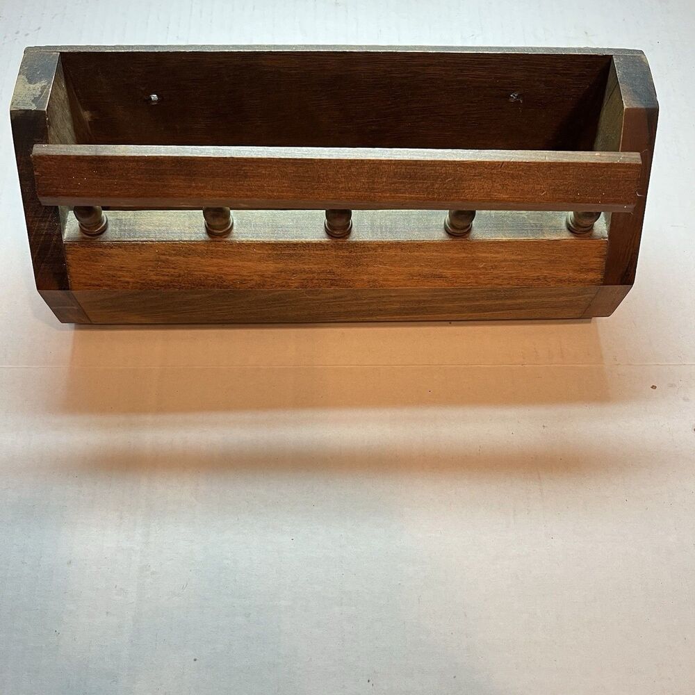Vintage Wooden Spindle Wall Pocket Spice Trinket Mail Plant Shelf Box Holder
